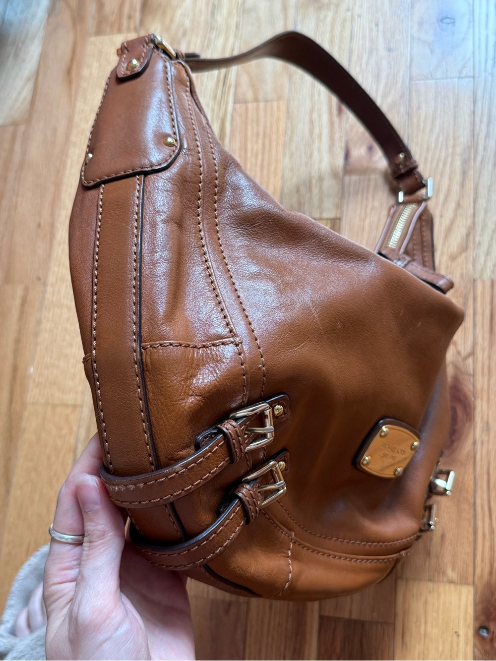 Michael Kors Camel Leather Shoulder Hobo Bag with Buckle Accents - Picture 3 of 7